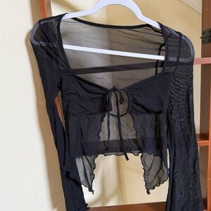 SHEIN Black Sheer Long Sleeve Tie-Front Crop Top